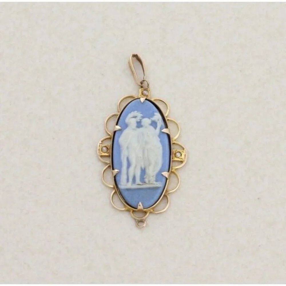 Pendant Only 10k Yellow Gold Blue Cameo Wedgewood Jasperware Seed Pearl Pendant